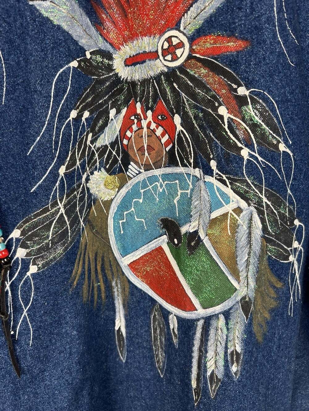 Hand Painted Denim Coat Native American Art to Wear Concho Beaded Oversized